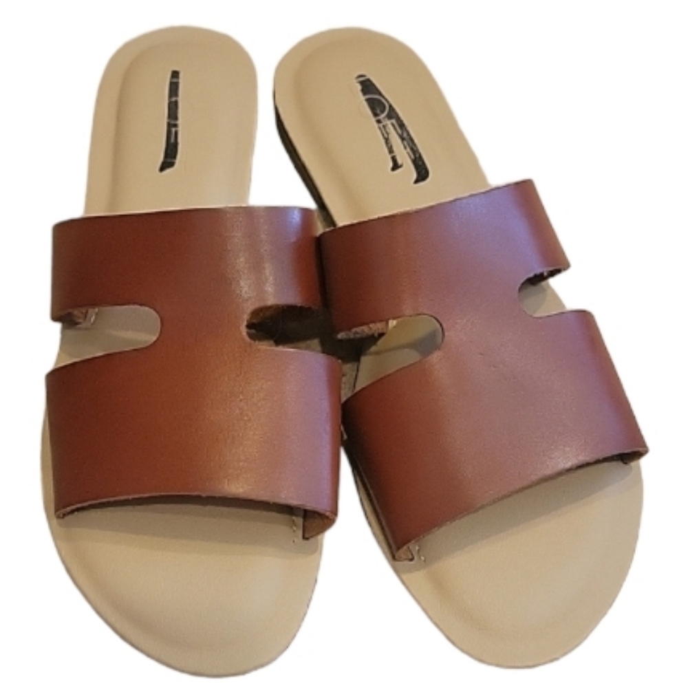 NEW! ANN TAYLOR LOFT Cut Out Flat Cegan Leather Cognac Slide Sandals 7. - Picture 4 of 6